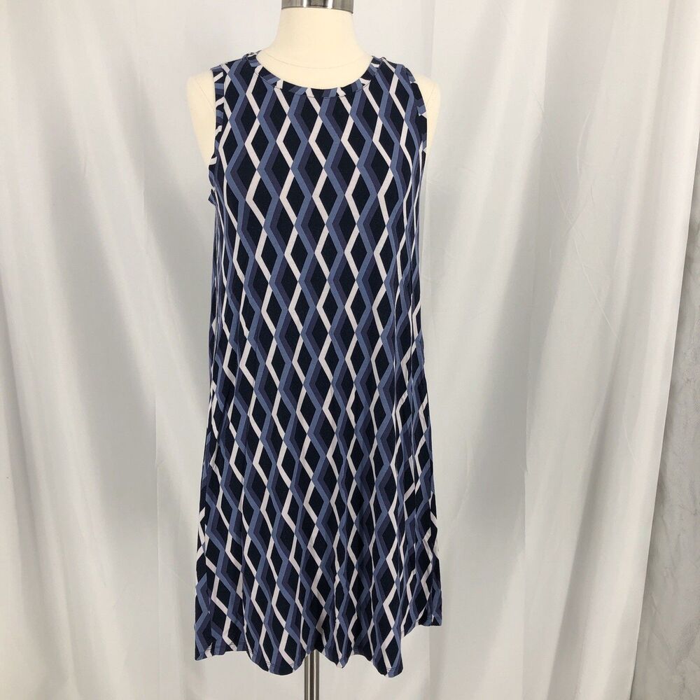 LOFT Medium Blue Diamond Knit Shift Dress Sleeveless Round Neck Knee Length